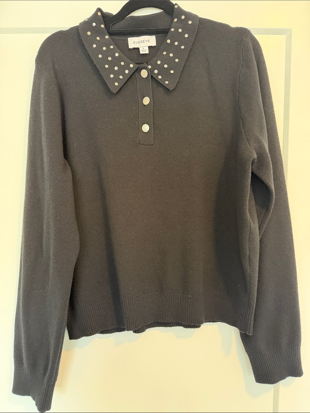 Evereve Black Studded-Collar Knit Polo Sweater